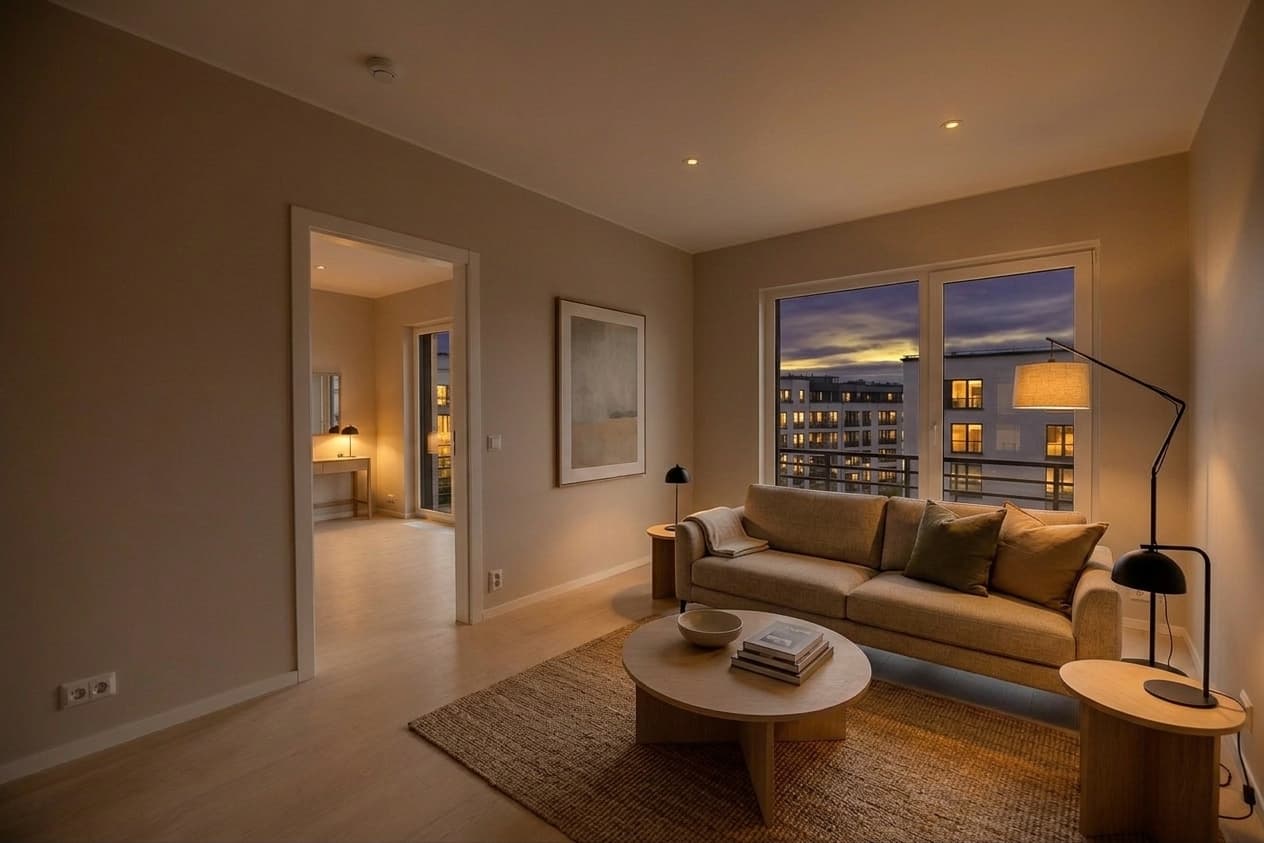 Day-to-dusk staged living room